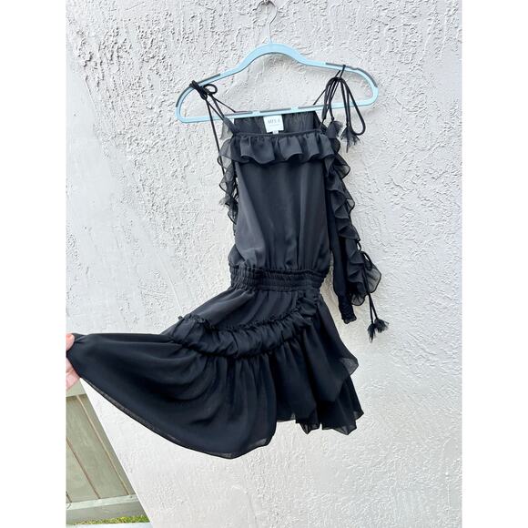 Misa Los Angeles Emelie Tie Cold Shoulder Ruffle Hem Mini Dress Black Women's XS - Picture 4 of 12